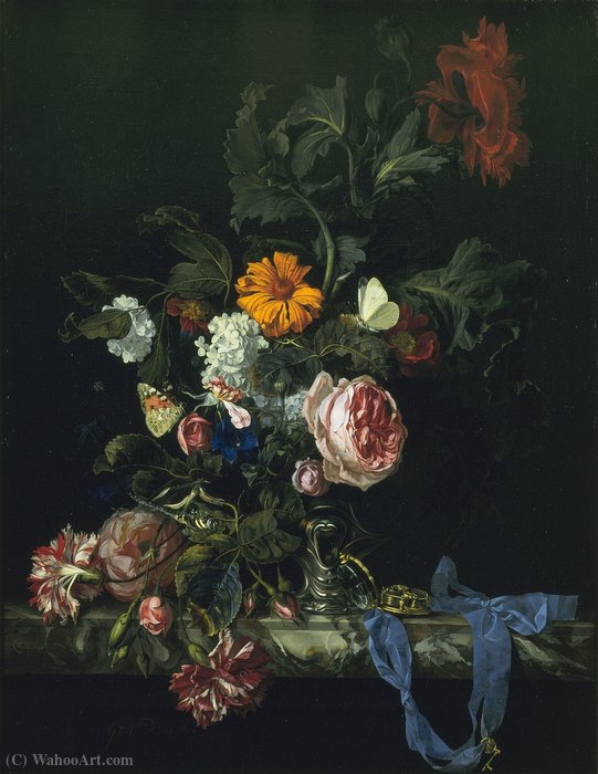 Wikioo.org - The Encyclopedia of Fine Arts - Painting, Artwork by Johannes The Younger Lutma - Flower still life with a watch.
