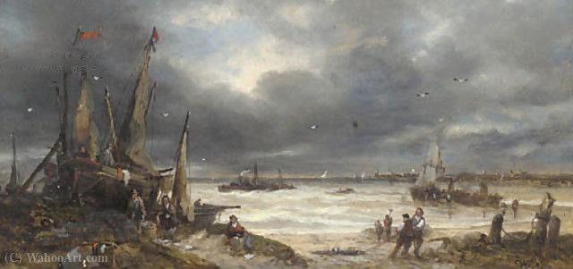 Wikioo.org - สารานุกรมวิจิตรศิลป์ - จิตรกรรม John Anthony Puller - Fisherfolk working on the shore