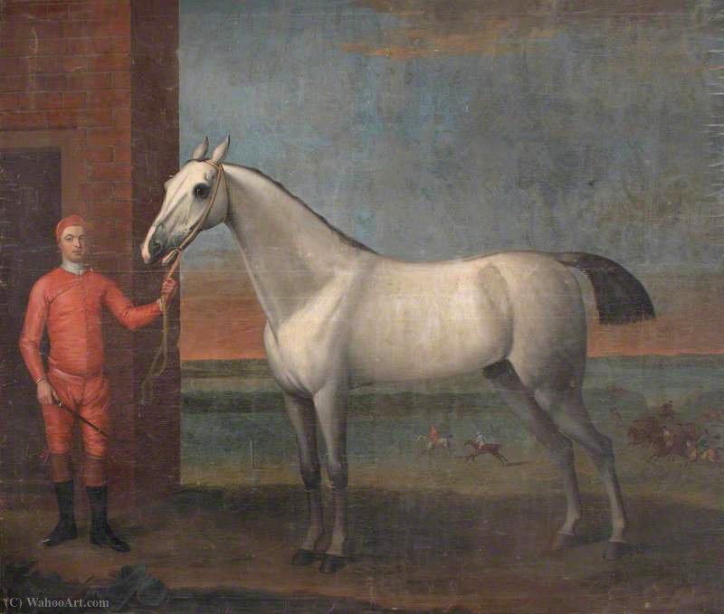 Wikioo.org - The Encyclopedia of Fine Arts - Painting, Artwork by John Wootton - A Grey Horse and Jockey in Red Colours, before a Stable
