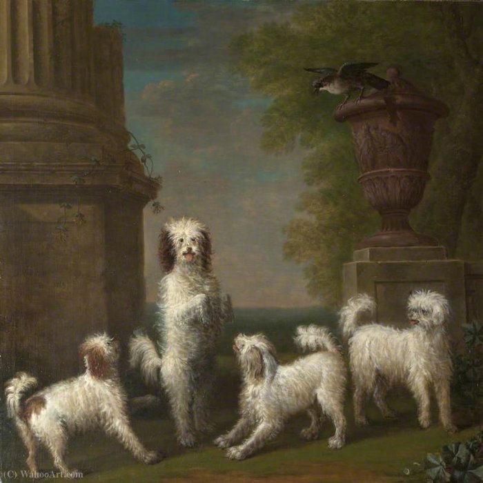 Wikioo.org - The Encyclopedia of Fine Arts - Painting, Artwork by John Wootton - Dancing Dogs 'Lusette', 'Madore', 'Rosette' and 'Moucheby'