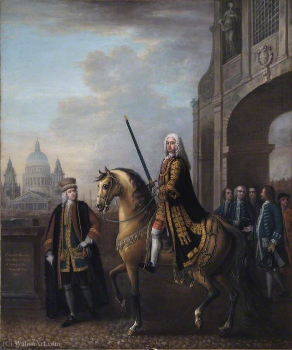 Wikioo.org - The Encyclopedia of Fine Arts - Painting, Artwork by John Wootton - Equestrian Portrait of Sir Richard Hoare II (1709–1754), as Lord Mayor of London, at Temple Bar
