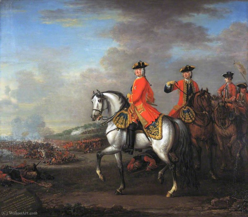 Wikioo.org - The Encyclopedia of Fine Arts - Painting, Artwork by John Wootton - George II at the Battle of Dettingen, with the Duke of Cumberland and Robert, 4th Earl of Holderness, 27 June (1743)