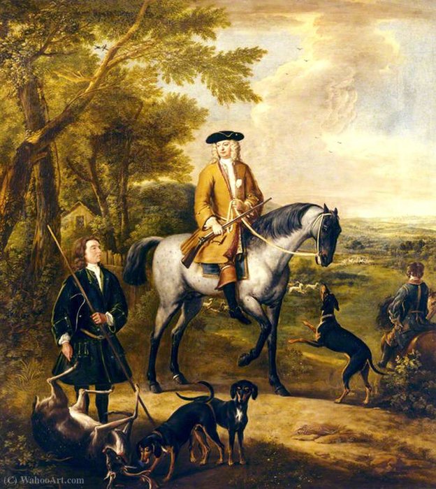 Wikioo.org - The Encyclopedia of Fine Arts - Painting, Artwork by John Wootton - Gilbert Coventry (c.1688–1719), 4th Earl of Coventry, with Two Huntsmen in a Landscape