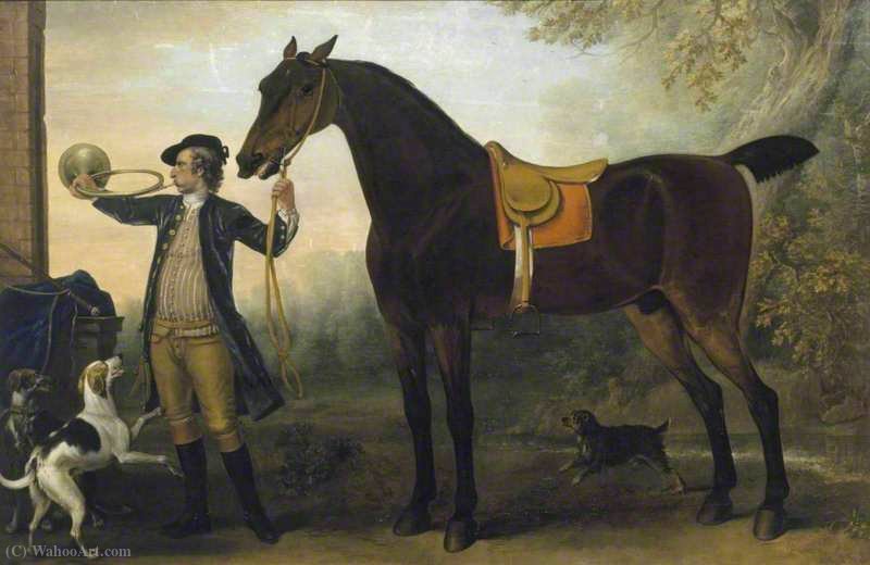 Wikioo.org - The Encyclopedia of Fine Arts - Painting, Artwork by John Wootton - Life-Size Horse with Huntsman Blowing a Horn