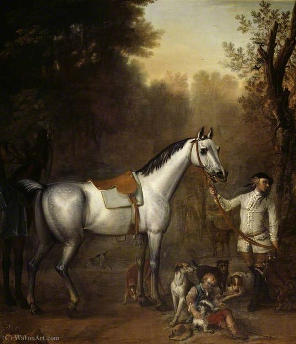 Wikioo.org - สารานุกรมวิจิตรศิลป์ - จิตรกรรม John Wootton - Viscount Weymouth's Hunt A Groom holding a Saddled Grey Hunter with Hounds and Terriers