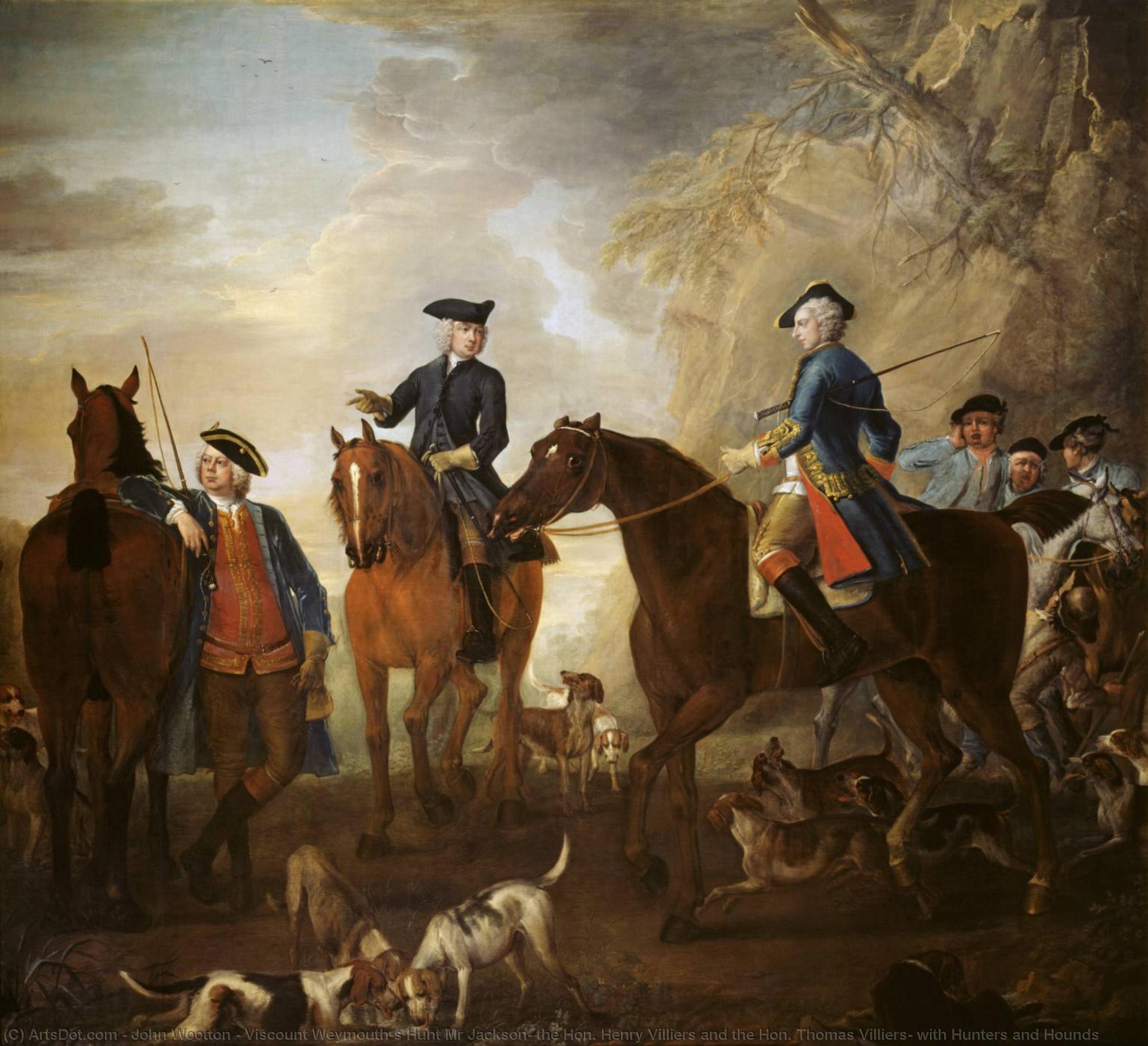 Wikioo.org - The Encyclopedia of Fine Arts - Painting, Artwork by John Wootton - Viscount Weymouth's Hunt Mr Jackson, the Hon. Henry Villiers and the Hon. Thomas Villiers, with Hunters and Hounds