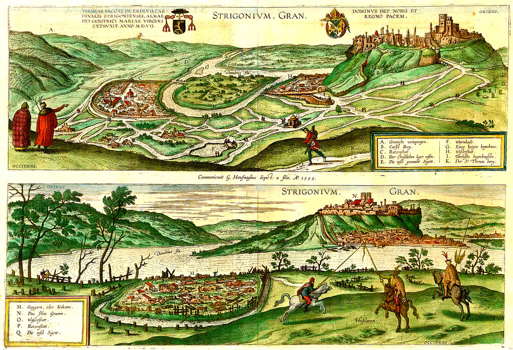 Wikioo.org - The Encyclopedia of Fine Arts - Painting, Artwork by Joris Hoefnagel (Georg Hoefnagel) - Antique map of (Hungary) Esztergom by Braun & Hogenberg (1595)