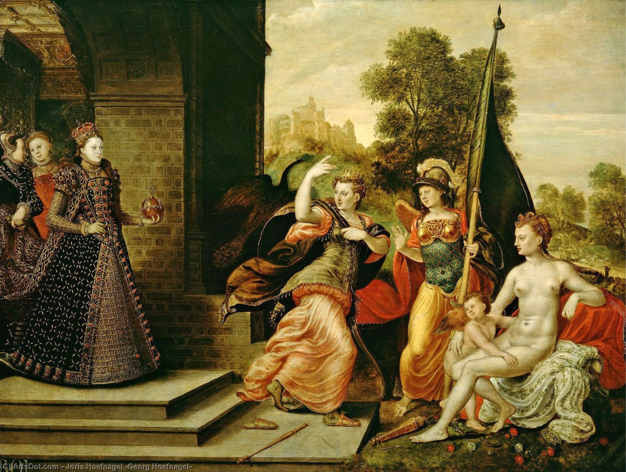 Wikioo.org - The Encyclopedia of Fine Arts - Painting, Artwork by Joris Hoefnagel (Georg Hoefnagel) - Elizabeth I and the Three Goddesses
