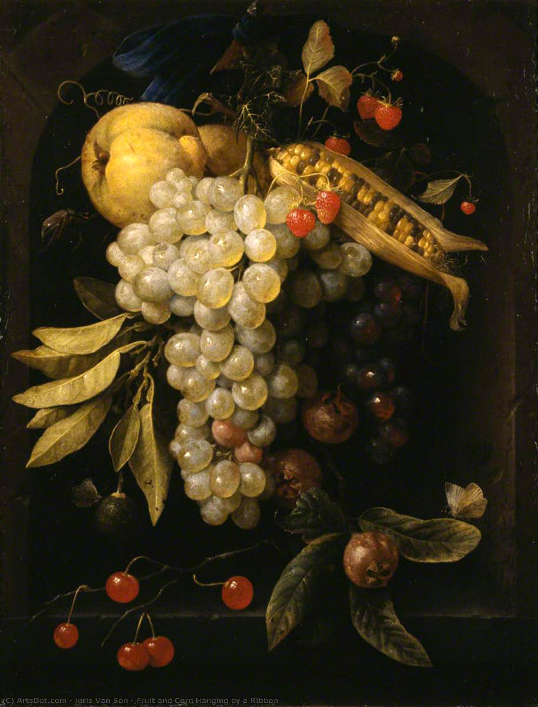 WikiOO.org - Encyclopedia of Fine Arts - Maalaus, taideteos Joris Van Son - Fruit and Corn Hanging by a Ribbon