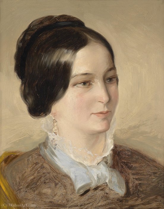 Wikioo.org - The Encyclopedia of Fine Arts - Painting, Artwork by Josef Franz Danhauser - Profile Portrait of a Lady with lace collar and white stitch
