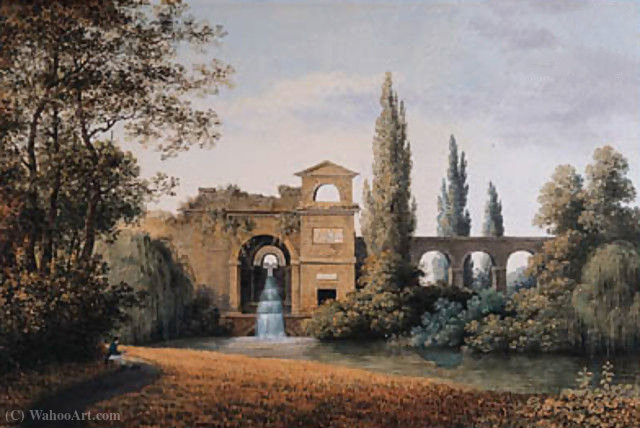 WikiOO.org - Encyclopedia of Fine Arts - Maľba, Artwork Joseph Augustus Knip - A View of an Aqueduct with an artificial Waterfall, a seated draughtsman in the foreground