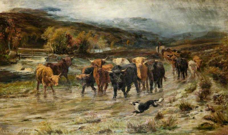 Wikioo.org - The Encyclopedia of Fine Arts - Painting, Artwork by Joseph Denovan Adam - Highland Cattle on a Moorland
