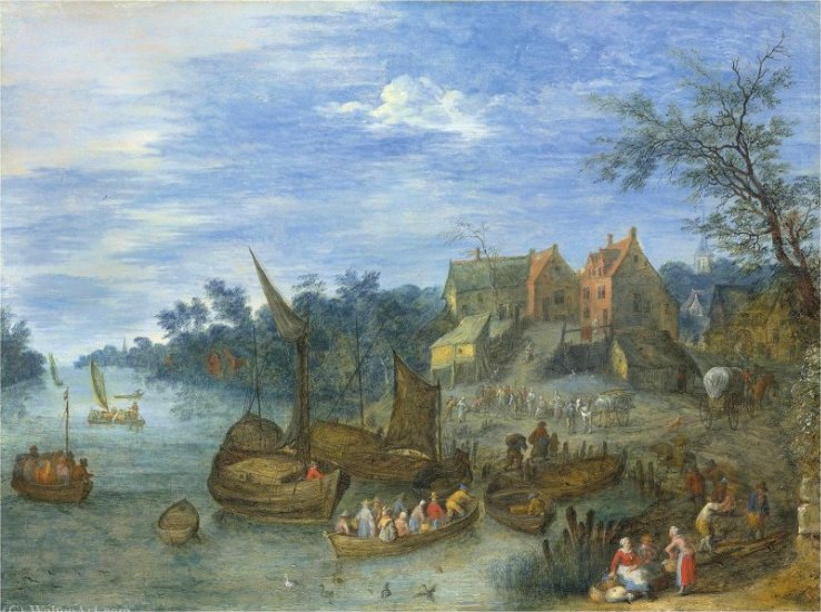 Wikioo.org - The Encyclopedia of Fine Arts - Painting, Artwork by Joseph Van Bredael - A river landscape with boats by a village
