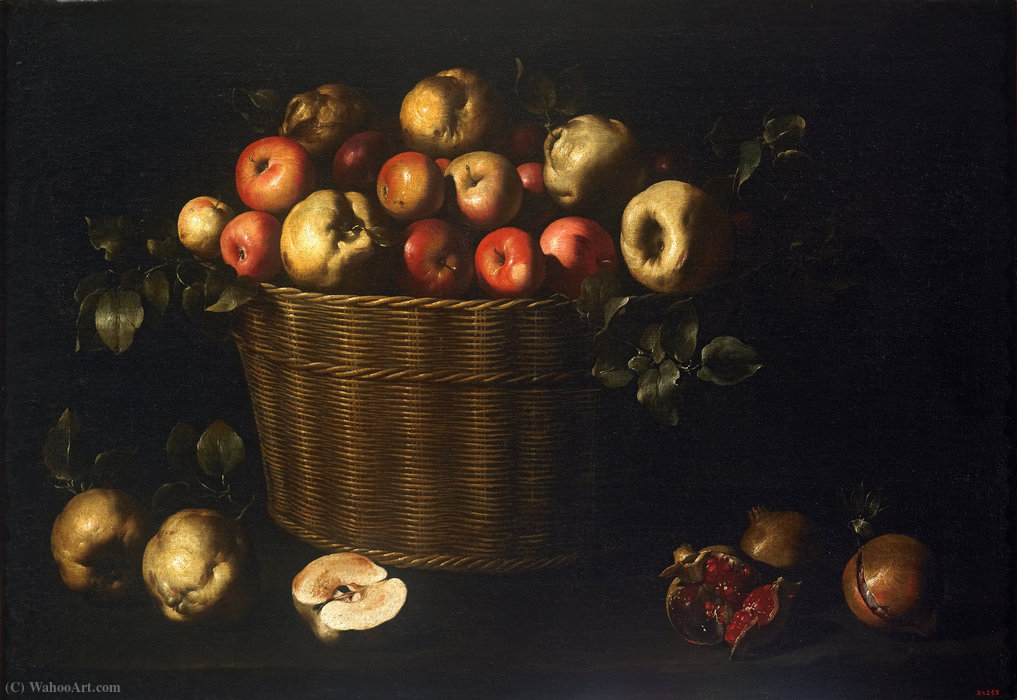 Wikioo.org - The Encyclopedia of Fine Arts - Painting, Artwork by Juan De Zurbaran - Basket with Apples, Quinces and Pomegranates