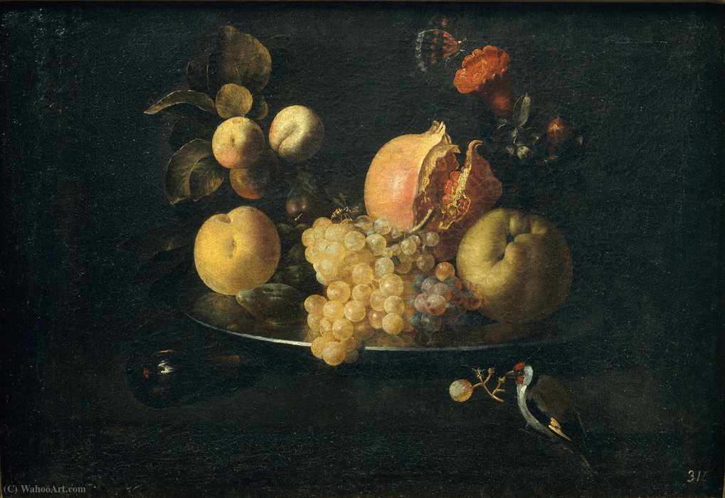 WikiOO.org – 美術百科全書 - 繪畫，作品 Juan De Zurbaran - 静物与水果和金翅雀