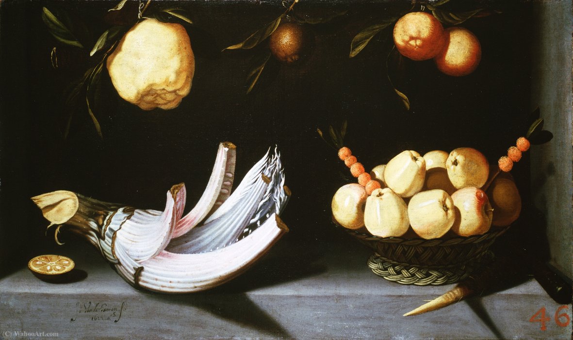 Wikioo.org – L'Encyclopédie des Beaux Arts - Peinture, Oeuvre de Juan Van Der Hamen - Cardo y cesta de manzanas