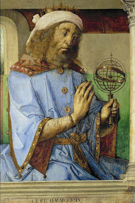 Wikioo.org - The Encyclopedia of Fine Arts - Painting, Artwork by Justus Van Gent (Joos Van Wassenhove) - Ptolemy with a armillary sphere model. With a large version he claimed his solstice observations.