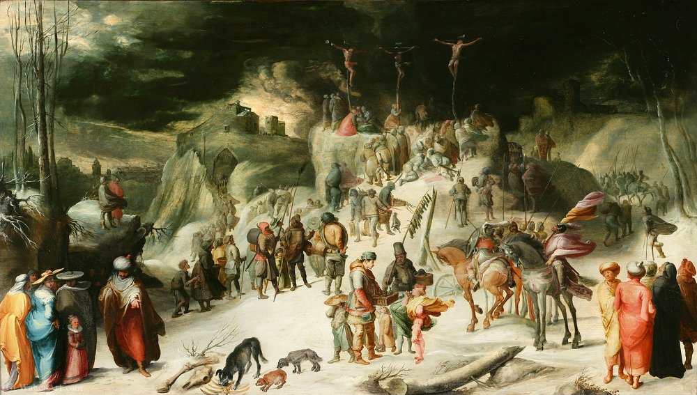 Wikoo.org - موسوعة الفنون الجميلة - اللوحة، العمل الفني Karel Van Mander - Landscape with snow and the Crucifixion