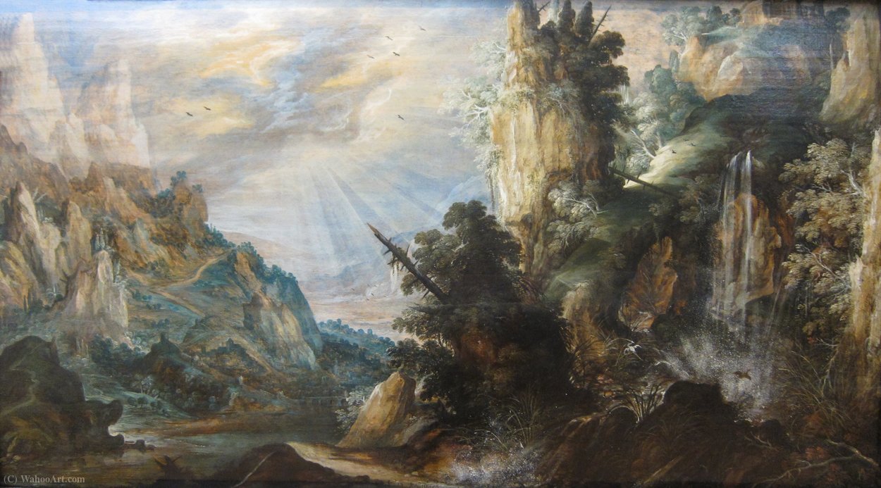 Wikioo.org - The Encyclopedia of Fine Arts - Painting, Artwork by Kerstiaen De Keuninck - A Mountainous Landscape with a Waterfall
