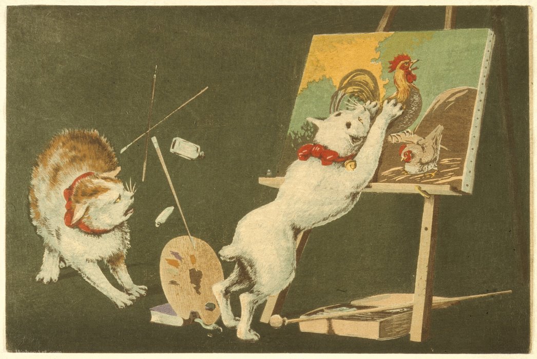 WikiOO.org - Encyclopedia of Fine Arts - Maľba, Artwork Kobayashi Kiyochika - Canvas and Cats