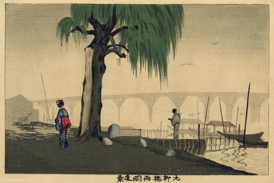 Wikioo.org - The Encyclopedia of Fine Arts - Painting, Artwork by Kobayashi Kiyochika - Distant View of Ryōgoku from Motoyanagi Bridge