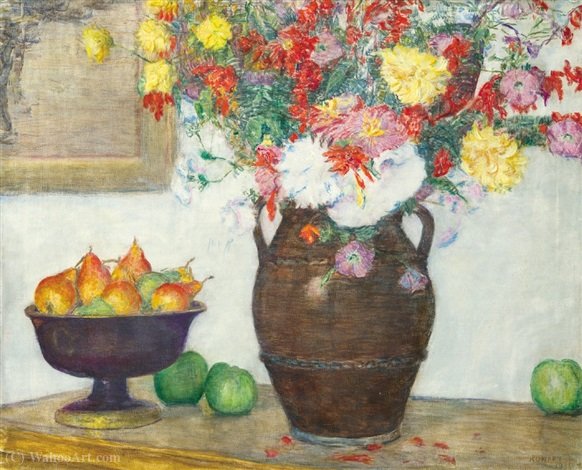 Wikioo.org - The Encyclopedia of Fine Arts - Painting, Artwork by Kunffy Lajos - Still Life with Flowers and Pears
