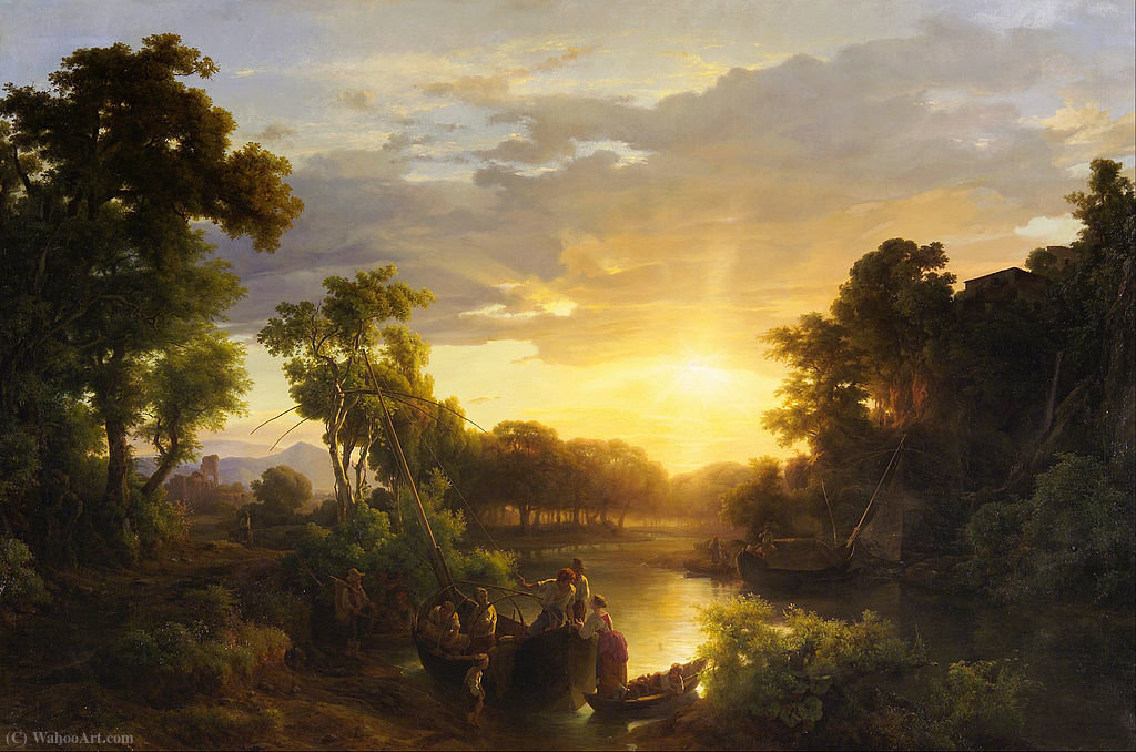 Wikioo.org - The Encyclopedia of Fine Arts - Painting, Artwork by Karoly Marko The Younger - Italian Landscape at Sunset with Fishermen