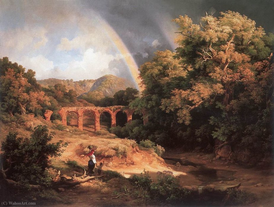 Wikioo.org - The Encyclopedia of Fine Arts - Painting, Artwork by Karoly Marko The Younger - Italian Landscape with Viaduct and Rainbow