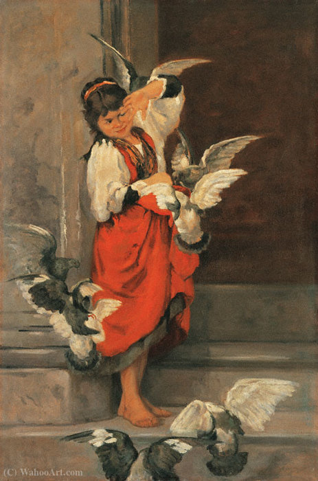 Wikoo.org - موسوعة الفنون الجميلة - اللوحة، العمل الفني Lembesis Polychronis - The girl with the Pigeons