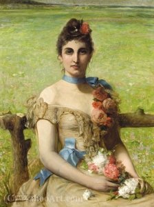 Wikioo.org - The Encyclopedia of Fine Arts - Painting, Artwork by Leon Herbo - Portrait of a woman holding flowers