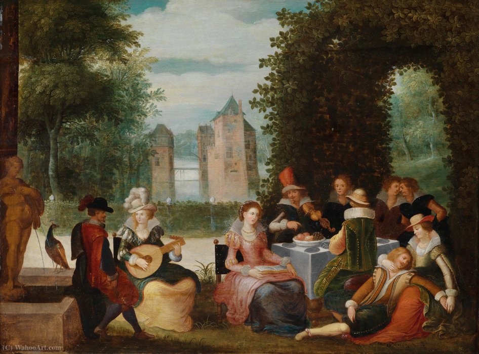 Wikioo.org - The Encyclopedia of Fine Arts - Painting, Artwork by Louis De Caullery - Elegant society playing in a park, in the background a river