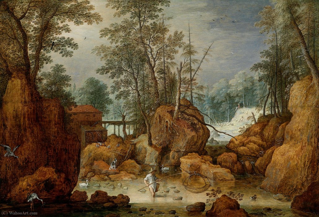 Wikioo.org - สารานุกรมวิจิตรศิลป์ - จิตรกรรม Maerten Ryckaert - A fisherman in a river in a wooded landscape