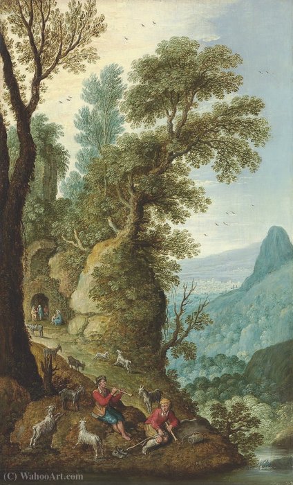 Wikioo.org – L'Encyclopédie des Beaux Arts - Peinture, Oeuvre de Maerten Ryckaert - Un paysage montagneux avec chevriers au premier plan, et une grotte au-delà