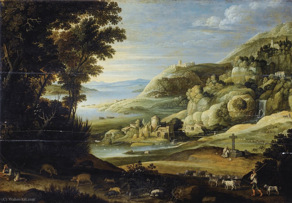 Wikioo.org - The Encyclopedia of Fine Arts - Painting, Artwork by Maerten Ryckaert - Landscape with figures and animals