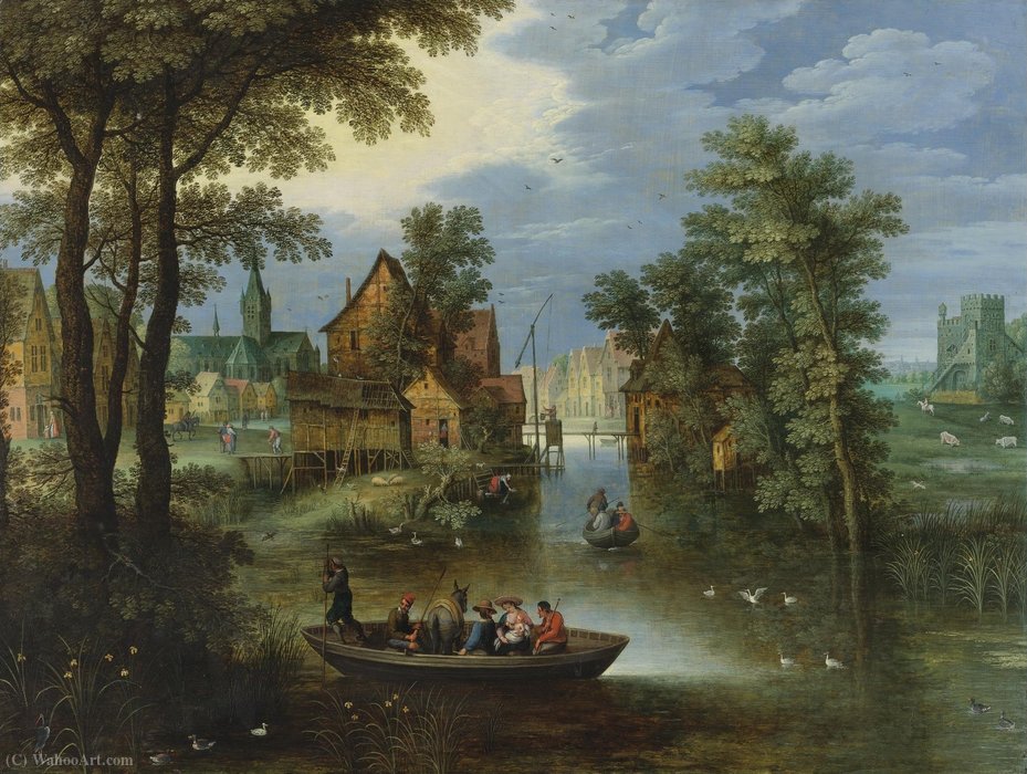Wikioo.org – L'Encyclopédie des Beaux Arts - Peinture, Oeuvre de Maerten Ryckaert - Paysage fluvial avec la fuite en Egypte