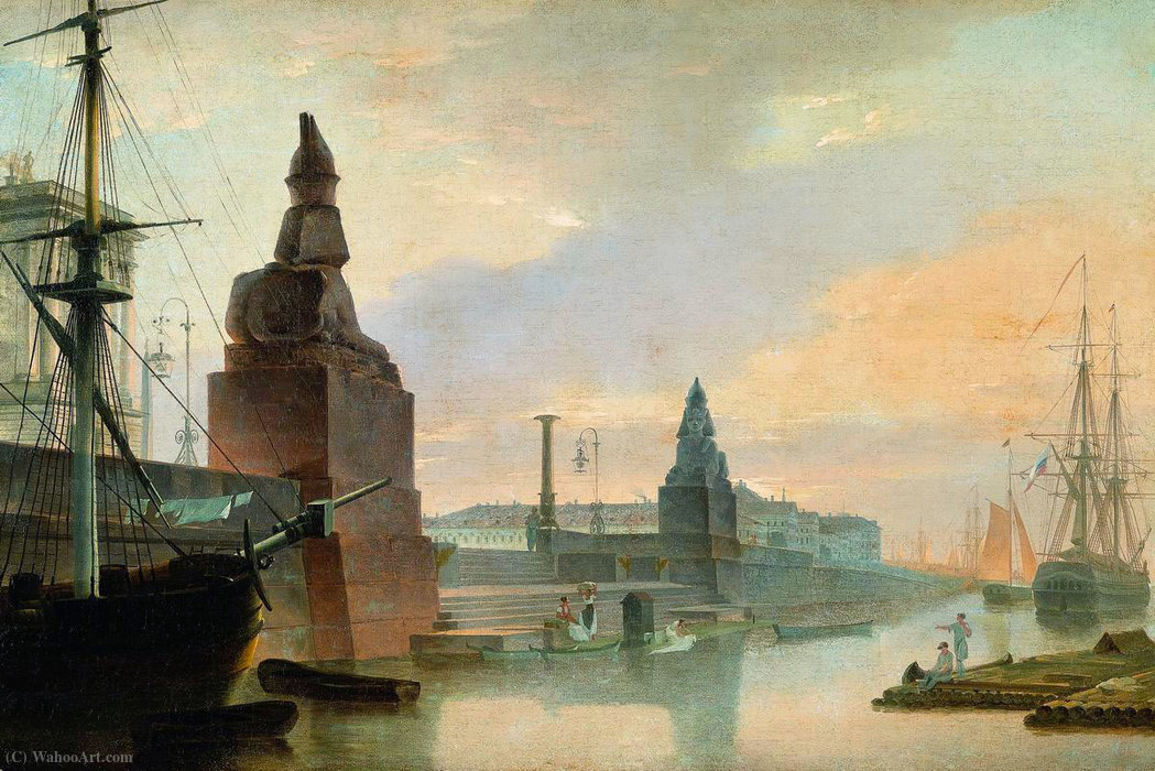 Wikioo.org - The Encyclopedia of Fine Arts - Painting, Artwork by Maksim Nikiforovich Vorobiev - Sphinxes lining a quay in front of St Petersburg Academy of Arts