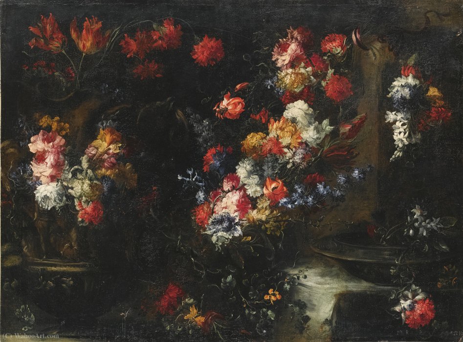 Wikioo.org - The Encyclopedia of Fine Arts - Painting, Artwork by Margherita Caffi - An ornate still life with flowers in vases on a stone ledge