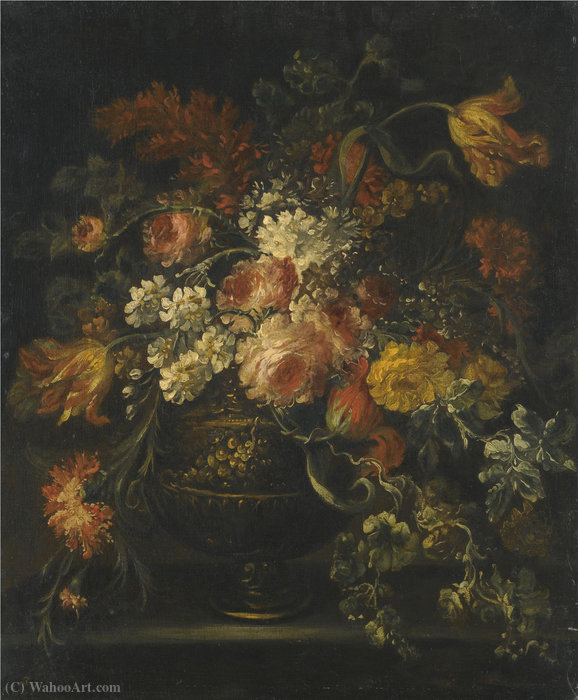 Wikioo.org - The Encyclopedia of Fine Arts - Painting, Artwork by Margherita Caffi - Still life of roses, parrot tulips and other flowers in a brass urn upon a ledge
