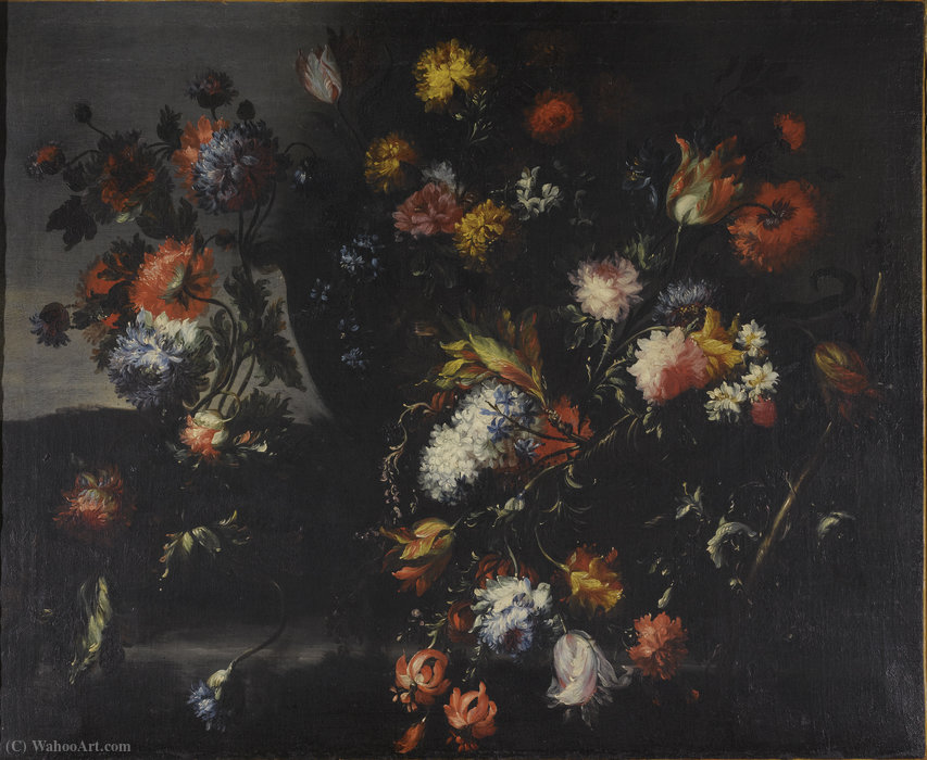 Wikioo.org – L'Encyclopédie des Beaux Arts - Peinture, Oeuvre de Margherita Caffi - Les natures mortes de fleurs mélangées dans des urnes et des paniers