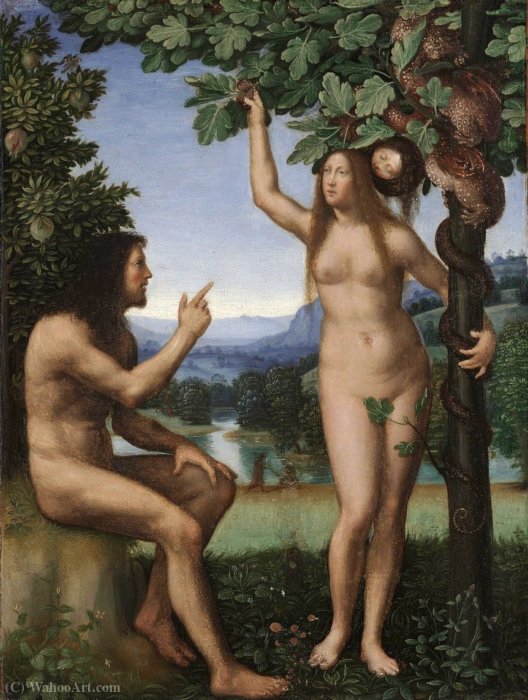 Wikoo.org - موسوعة الفنون الجميلة - اللوحة، العمل الفني Mariotto Albertinelli - The Temptation of Adam and Eve.