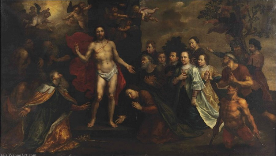 Wikioo.org - The Encyclopedia of Fine Arts - Painting, Artwork by Marten Pepijn - The Apparition of Christ with Saint Peter, James, John, Mary Magdalene, Johanna and Zacheus, with a family portrait