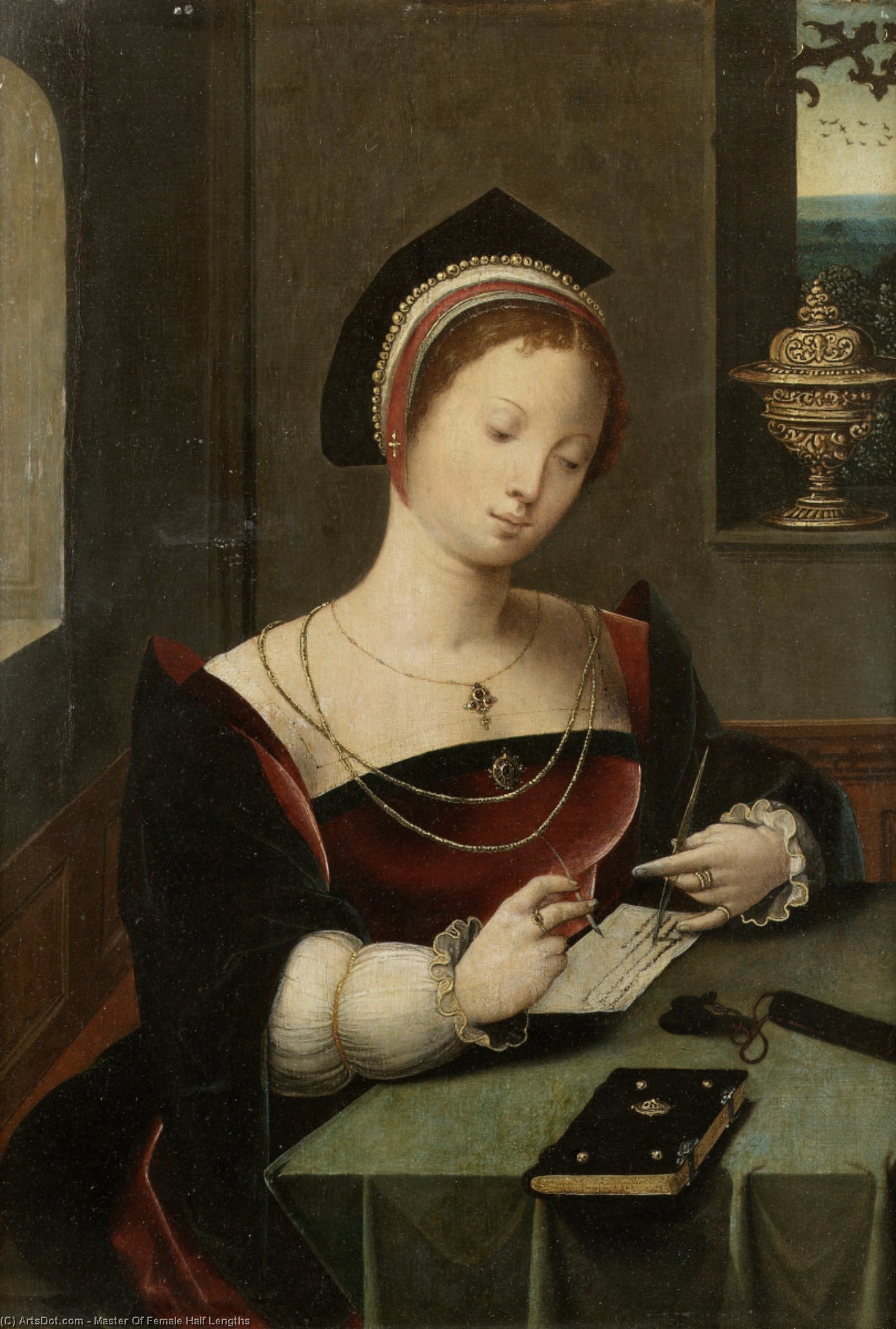 Wikioo.org - The Encyclopedia of Fine Arts - Painting, Artwork by Master Of Female Half Lengths - A woman as the Magdalen writing at a table in an interior.