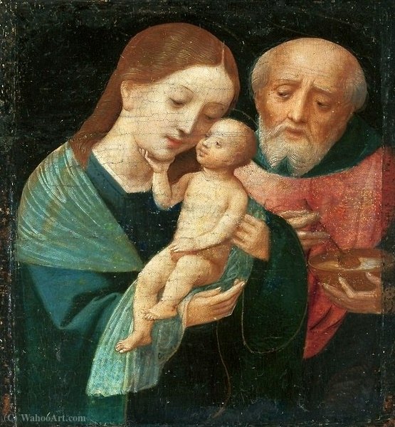 Wikioo.org - The Encyclopedia of Fine Arts - Painting, Artwork by Master Of Female Half Lengths - Holy Family with St. Joseph holding a bowl.