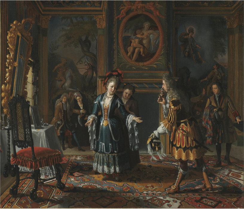 Wikioo.org - The Encyclopedia of Fine Arts - Painting, Artwork by Matthijs Naiveu - A sumptuous interior with an elegantly dressed gentleman paying court to a lady