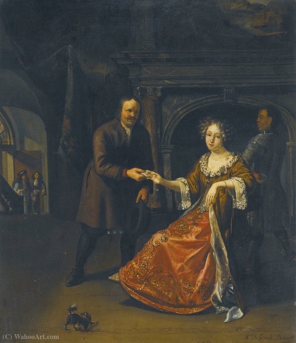 Wikioo.org - The Encyclopedia of Fine Arts - Painting, Artwork by Matthijs Naiveu - An elegant lady seated in an interior receiving a letter from a footman