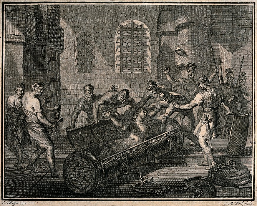 Wikioo.org - The Encyclopedia of Fine Arts - Painting, Artwork by Matthys Pool - A screaming young woman is forced by soldiers into a 'iron coffin of Lissa'.