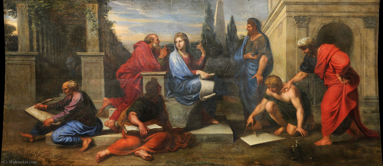 WikiOO.org - Enciclopédia das Belas Artes - Pintura, Arte por Michel Corneille (Corneille L'ancien) - Aspasia surrounded by Greek philosophers