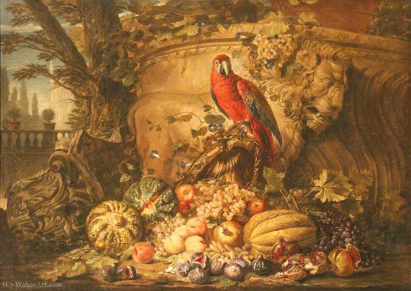 Wikioo.org - The Encyclopedia of Fine Arts - Painting, Artwork by Michele Pace Del Campidoglio - Still Life of Fruit with a Parrot in a Garden