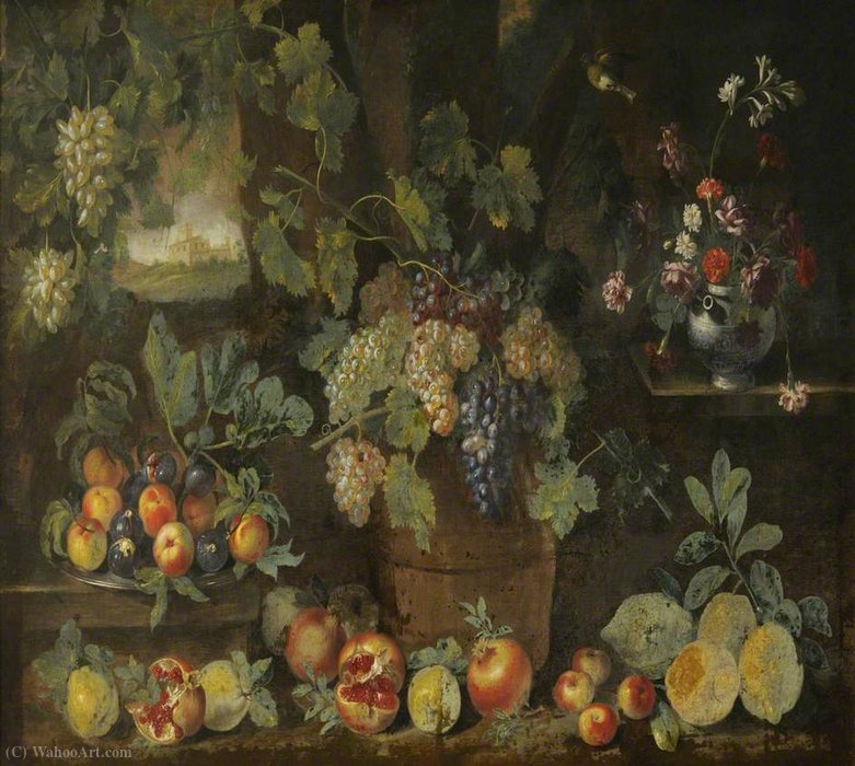 Wikioo.org - The Encyclopedia of Fine Arts - Painting, Artwork by Michele Pace Del Campidoglio - Still Life with Fruit and Flowers in a Landscape, in the Centre, a Tub Filled with Grapes