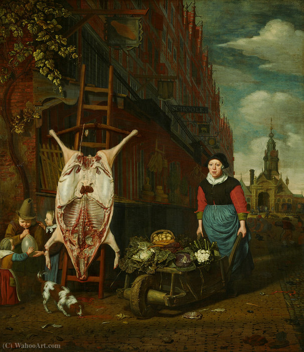 Wikioo.org - The Encyclopedia of Fine Arts - Painting, Artwork by Michiel Van Musscher - The Haarlemmerdijk with a pig on a stepladder